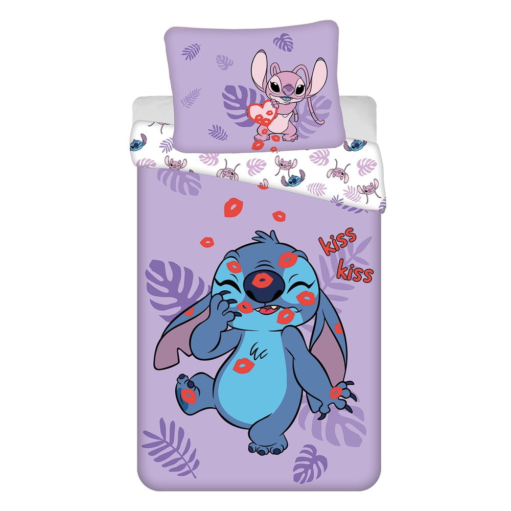 Lila egyszemélyes pamut gyerek ágyneműhuzat 140x200 cm Lilo and Stitch "Kiss" – Jerry Fabrics