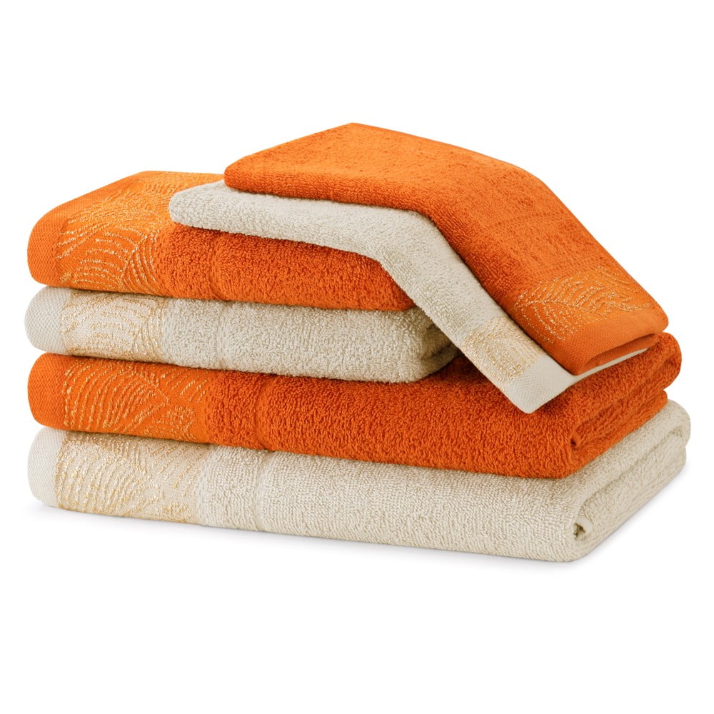 Narancssárga-bézs frottír pamut törölköző és fürdőlepedő készlet 6 db-os Bellis – Restilo