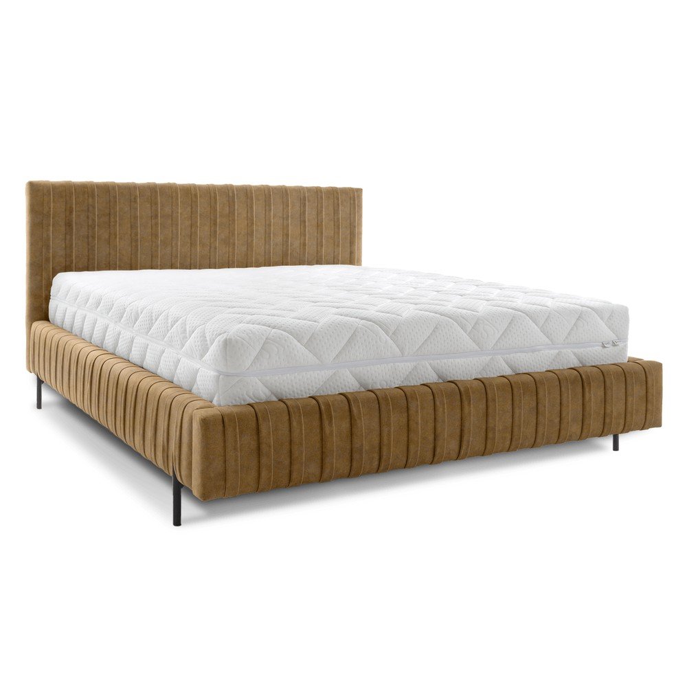 Okkersárga kárpitozott ágyneműtartós franciaágy ágyráccsal 180x200 cm Plissa – ELTAP