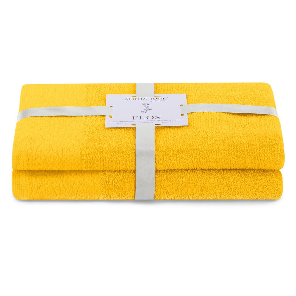 Sárga frottír pamut törölköző és fürdőlepedő készlet 2 db-os Flos – Restilo