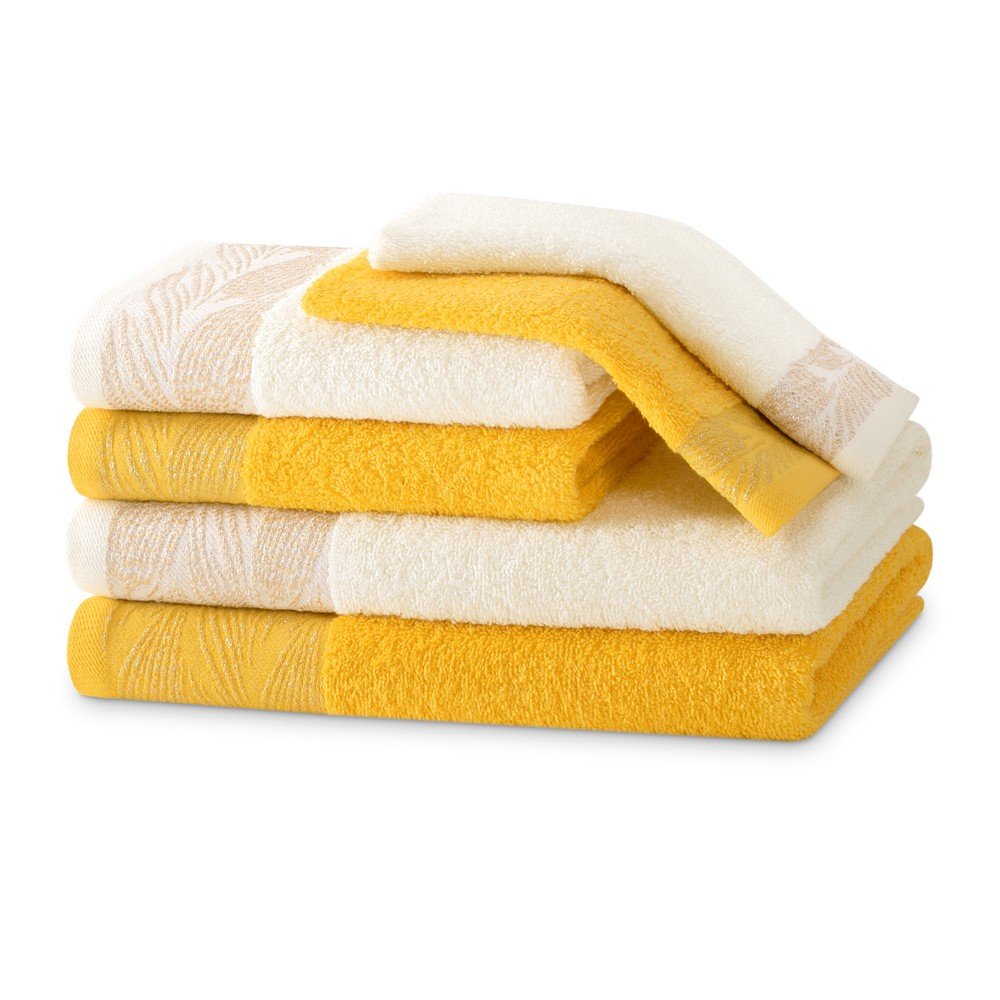 Sárga-krémszínű frottír pamut törölköző és fürdőlepedő készlet 6 db-os Allium – Restilo