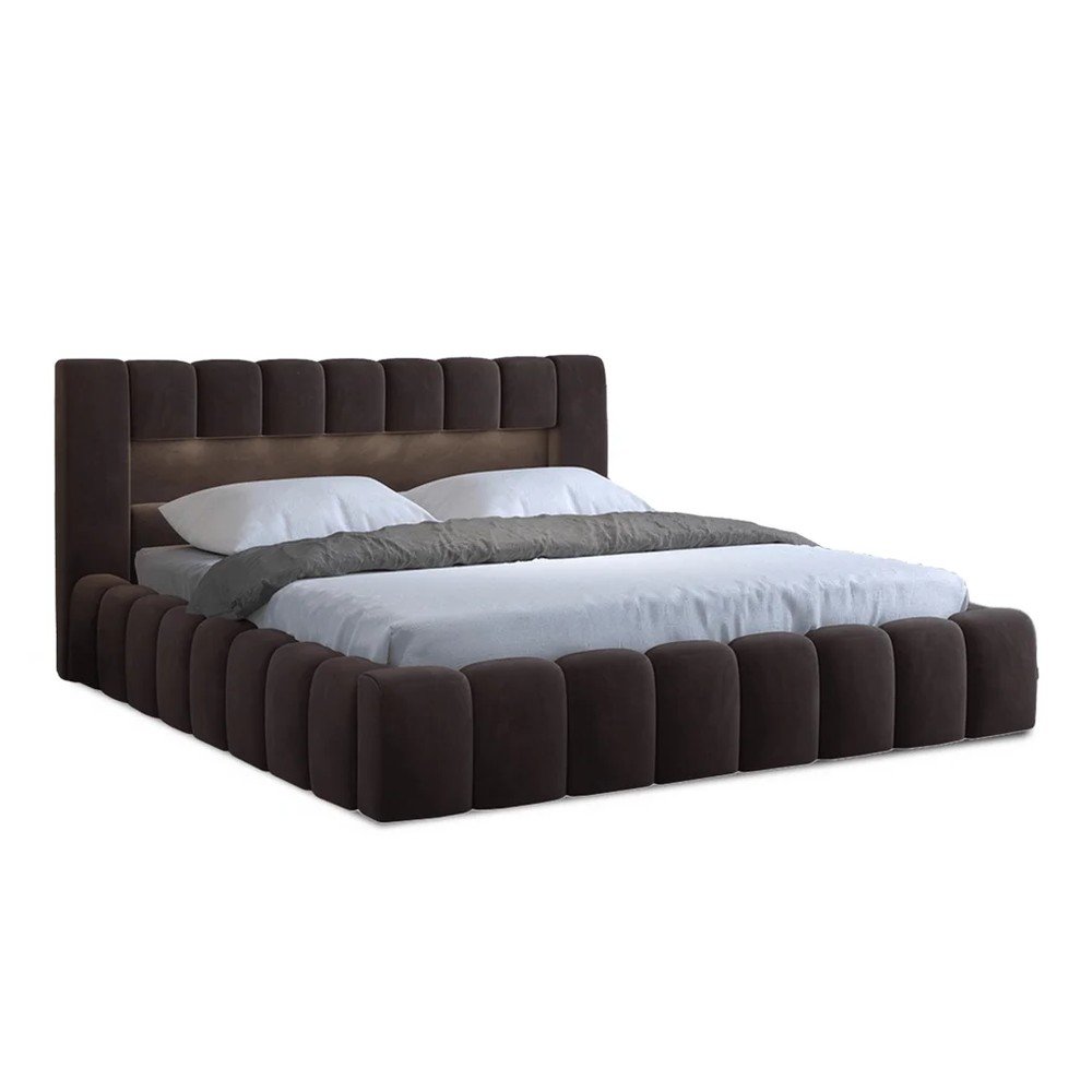 Sötétbarna kárpitozott ágyneműtartós franciaágy ágyráccsal 160x200 cm Lamica – ELTAP