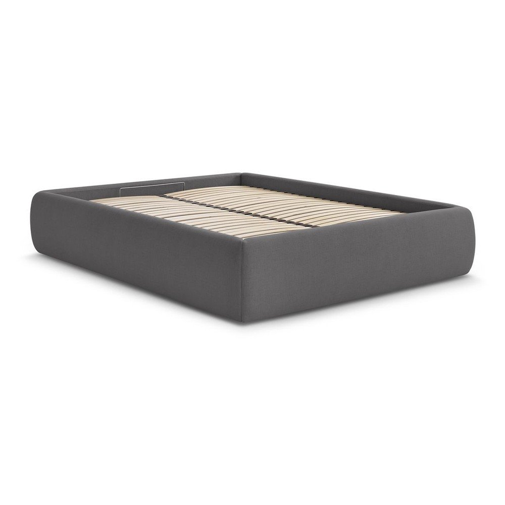 Sötétszürke kárpitozott ágyneműtartós franciaágy ágyráccsal