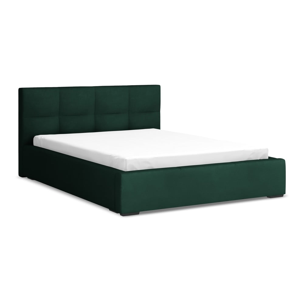 Sötétzöld bársony kárpitozott ágyneműtartós franciaágy ágyráccsal 140x200 cm Hiko – Makamii