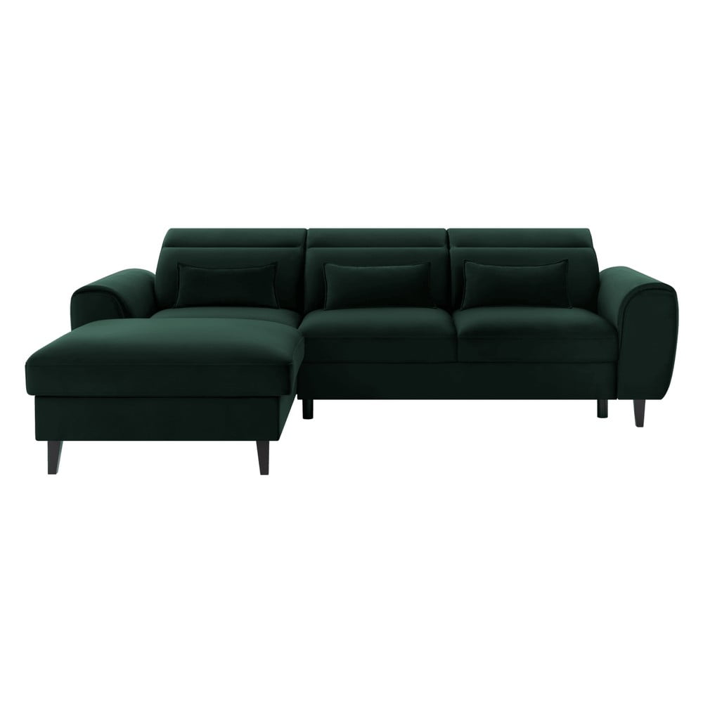Sötétzöld bársony kinyitható-tárolóhelyes sarokkanapé (bal oldali-heverő résszel) Foble – ELTAP