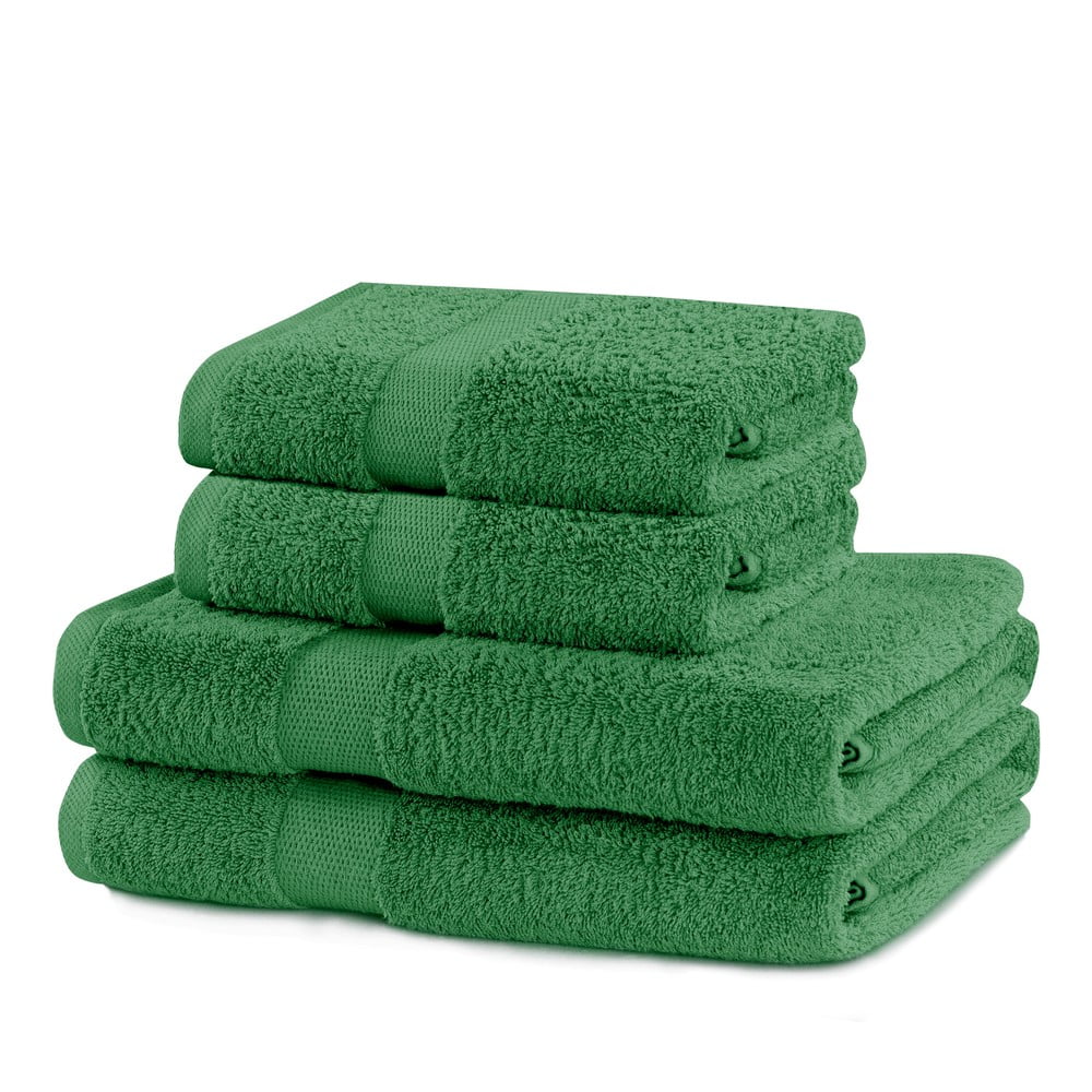Sötétzöld frottír pamut törölköző és fürdőlepedő készlet 4 db-os Marina – Restilo
