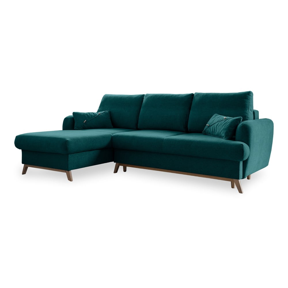 Türkiz kinyitható-tárolóhelyes sarokkanapé (bal oldali-heverő résszel) Scandic Lagom – Miuform