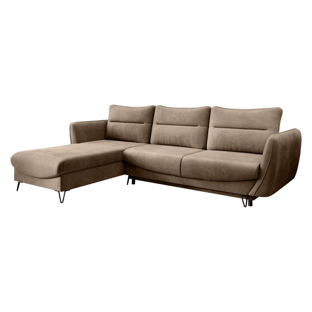 Világosbarna bársony kinyitható-tárolóhelyes sarokkanapé (bal oldali-heverő résszel) Silva – ELTAP