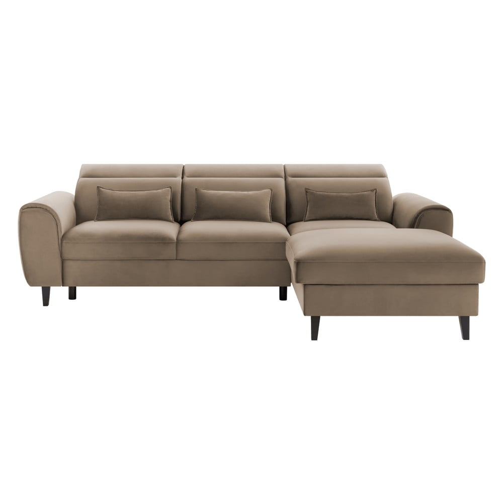 Világosbarna bársony kinyitható-tárolóhelyes sarokkanapé (jobb oldali-heverő résszel) Foble – ELTAP