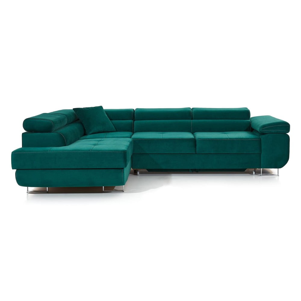 Zöld bársony kinyitható-tárolóhelyes sarokkanapé (bal oldali-L alakú) Anton – ELTAP