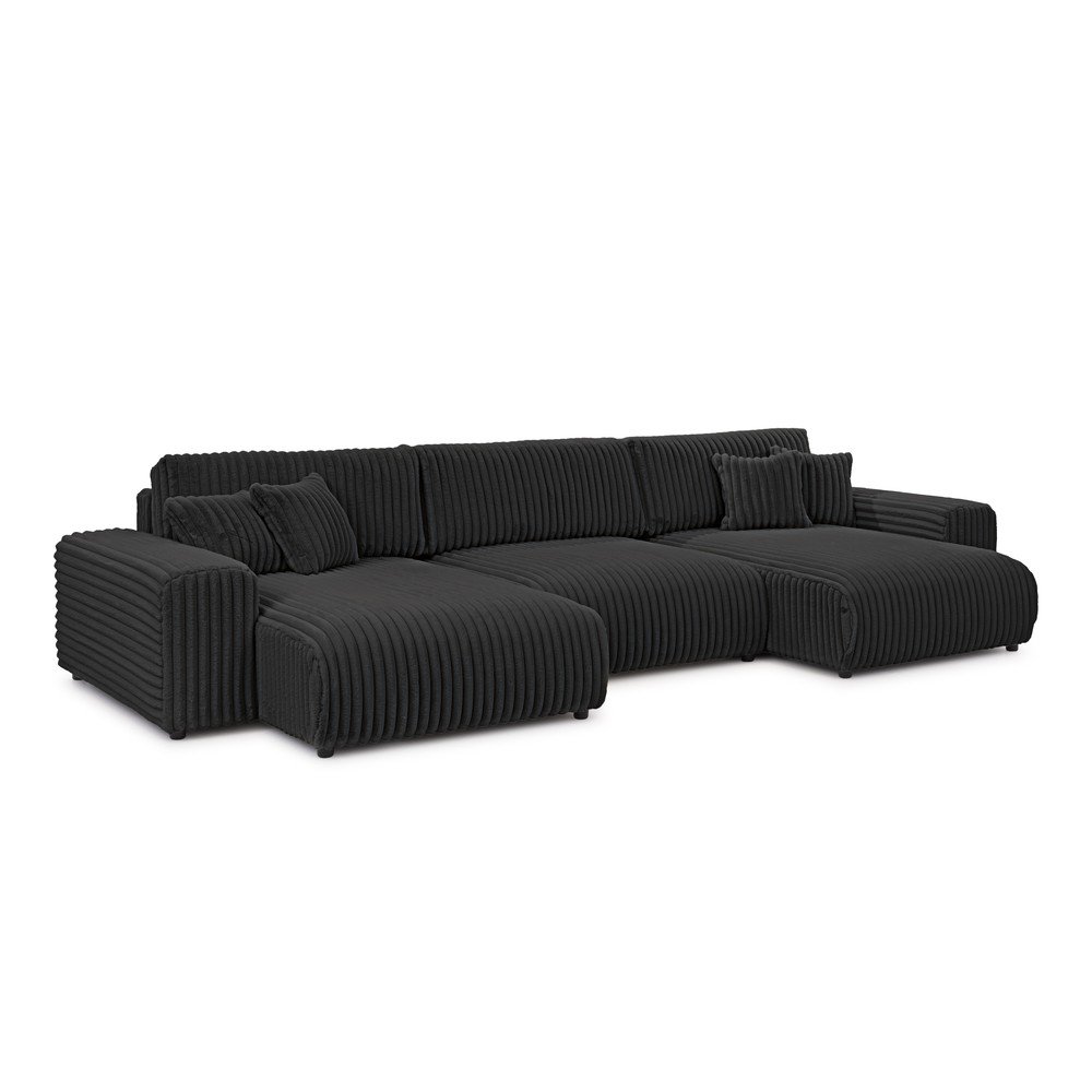 Sötétszürke kordbársony kinyitható-tárolóhelyes  sarokkanapé (U alakú) Sarina – Ropez