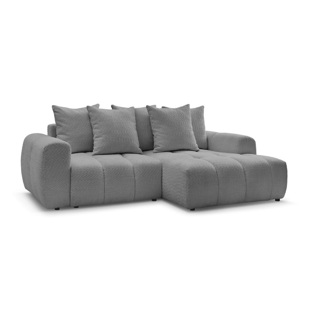 Szürke buklé kinyitható-tárolóhelyes sarokkanapé (jobb oldali-heverő résszel) Roxelane – Bobochic Paris