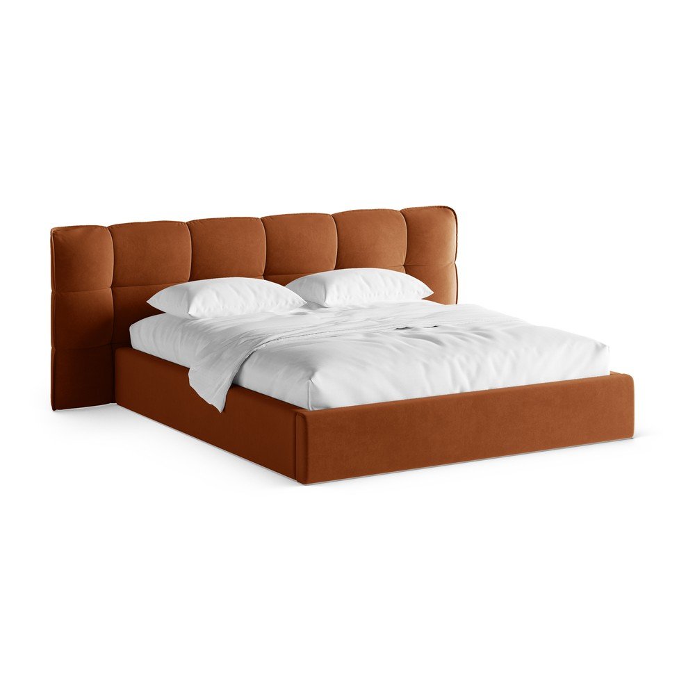 Terrakotta színű kárpitozott ágyneműtartós franciaágy ágyráccsal 200x200 cm Eric – Micadoni