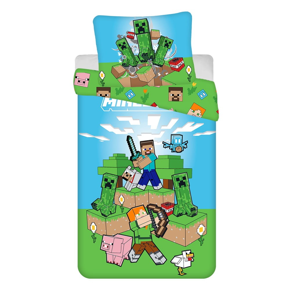 Zöld-kék egyszemélyes pamut gyerek ágyneműhuzat 140x200 cm Minecraft "Outdoor Mobs" – Jerry Fabrics