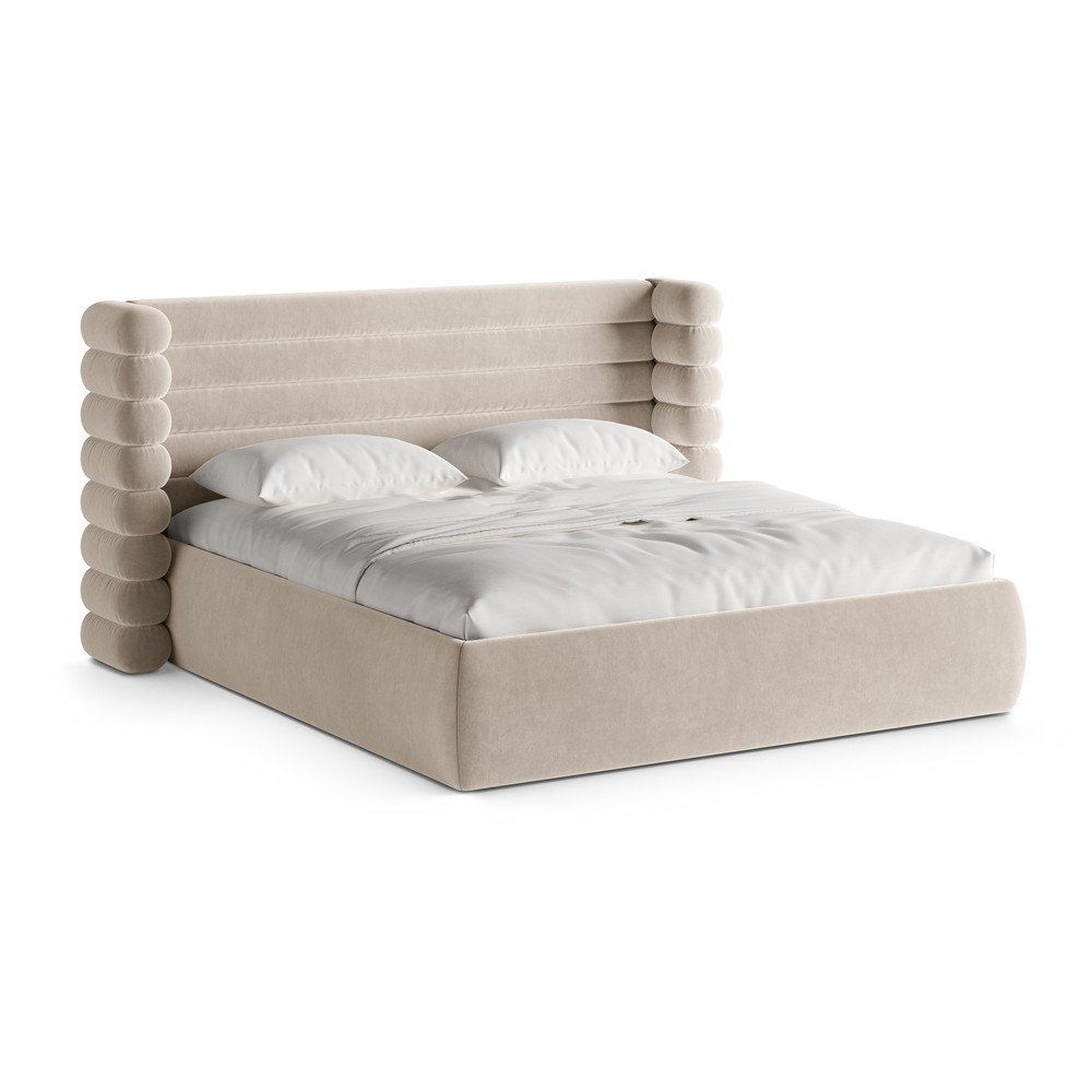 Bézs kárpitozott ágyneműtartós franciaágy ágyráccsal 200x200 cm Mount – Micadoni