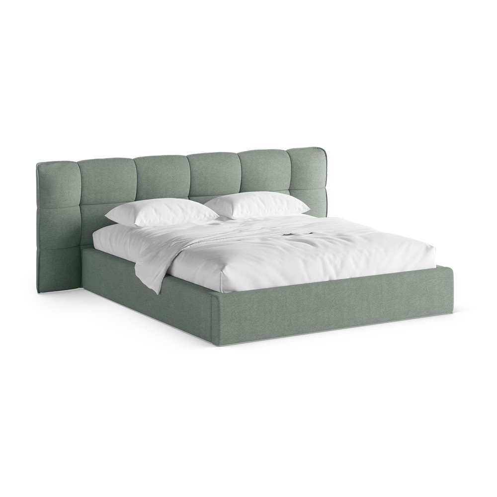 Mentazöld kárpitozott ágyneműtartós franciaágy ágyráccsal 160x200 cm Eric – Micadoni