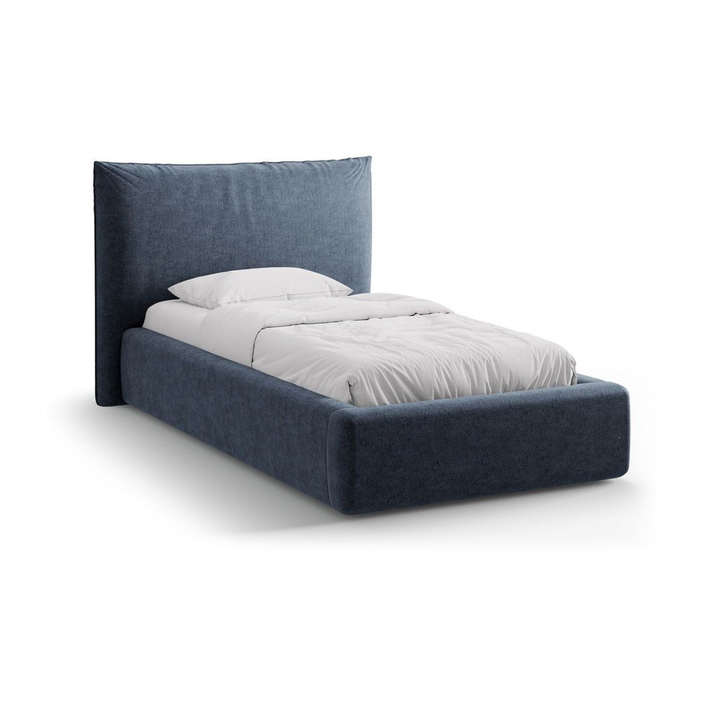Sötétkék kárpitozott ágyneműtartós egyszemélyes ágy ágyráccsal 90x200 cm Kaelle – Micadoni