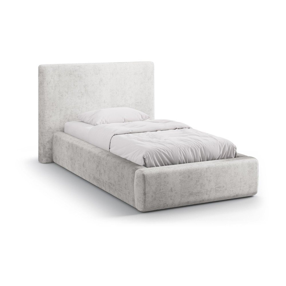 Világosszürke kárpitozott ágyneműtartós egyszemélyes ágy ágyráccsal 90x200 cm Amy – Micadoni