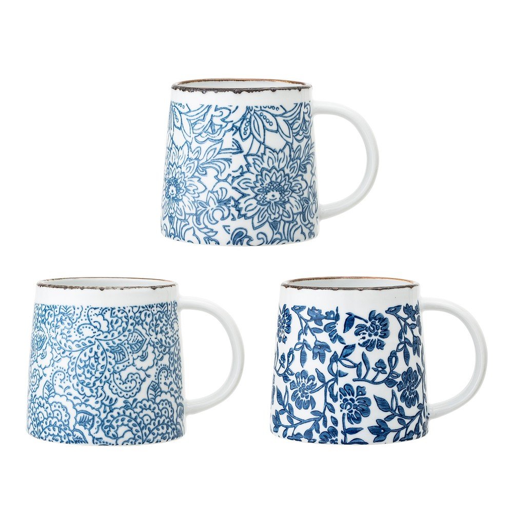 Fehér-kék kőedény bögre szett 3 db-os Molly – Bloomingville