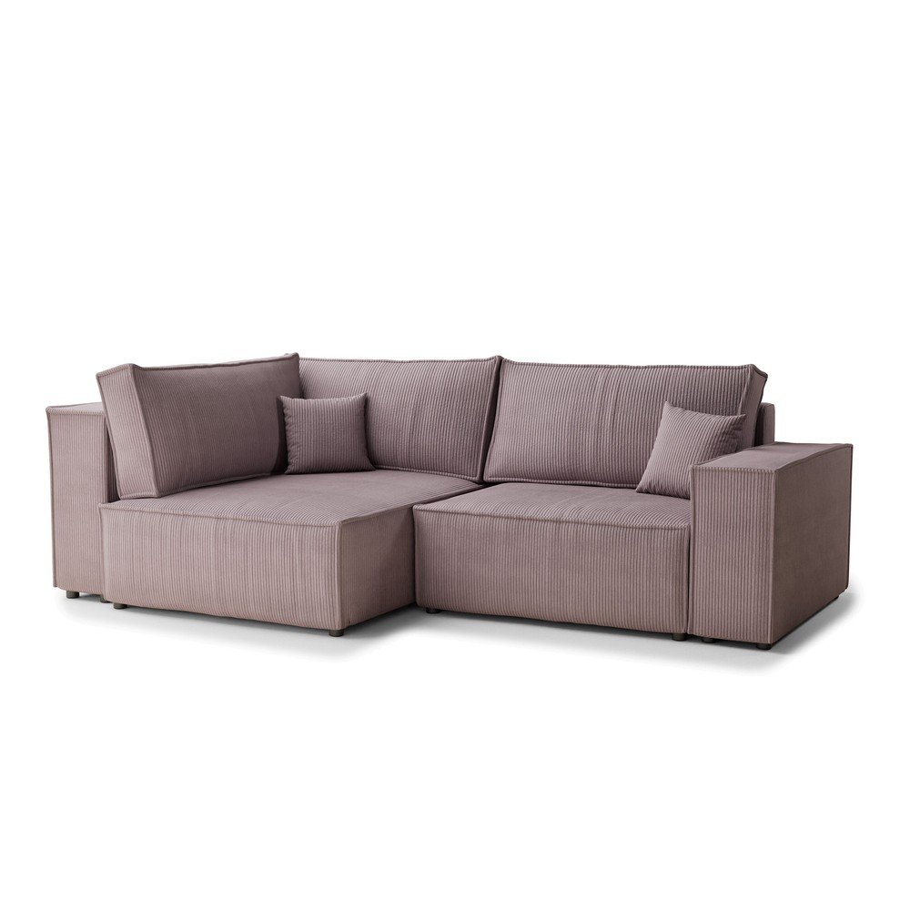 Lila kordbársony kinyitható-tárolóhelyes sarokkanapé (bal oldali-L alakú) Tonga – Maison de Rêve