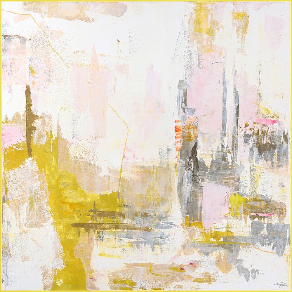 Nyomtatott-kézzel festett részletekkel keretezett-vászon kép 102x102 cm New Age Yellow – Malerifabrikken