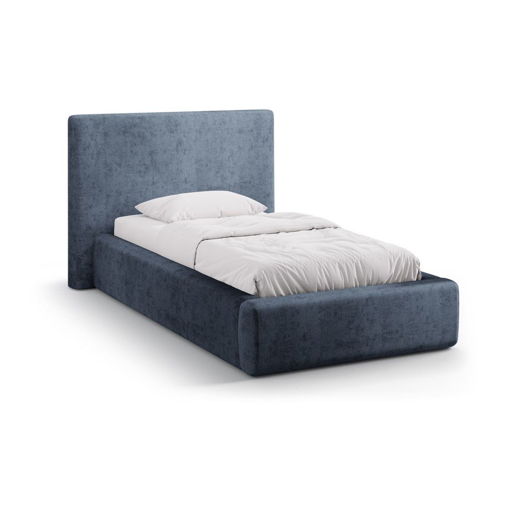 Sötétkék kárpitozott ágyneműtartós egyszemélyes ágy ágyráccsal 90x200 cm Amy – Micadoni