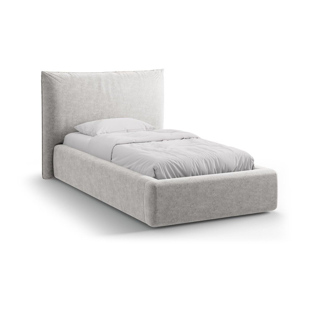 Világosszürke kárpitozott ágyneműtartós egyszemélyes ágy ágyráccsal 90x200 cm Kaelle – Micadoni