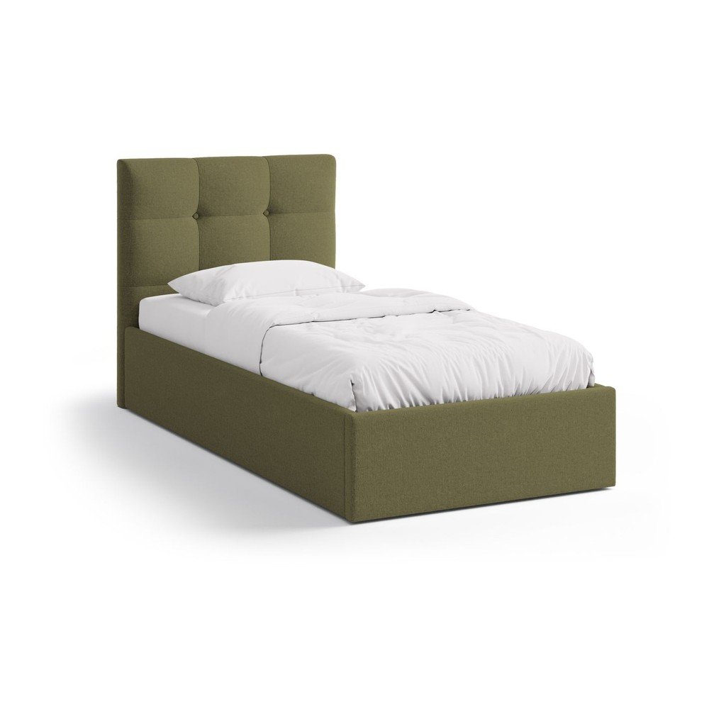 Zöld kárpitozott ágyneműtartós egyszemélyes ágy ágyráccsal 90x200 cm Phaedra – Micadoni