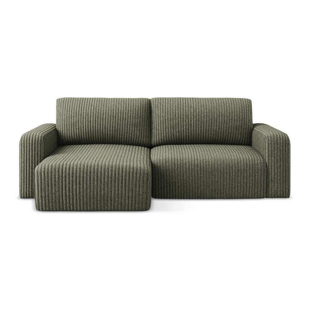 Zöld kordbársony kinyitható-tárolóhelyes sarokkanapé (bal oldali-heverő résszel) Kona – Makamii