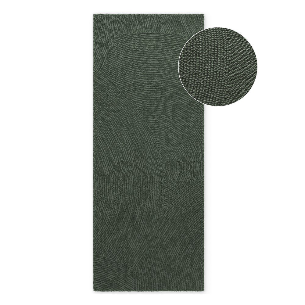Sötétzöld kézi szövésű gyapjú futószőnyeg 80x300 cm Calmio – Hanse Home