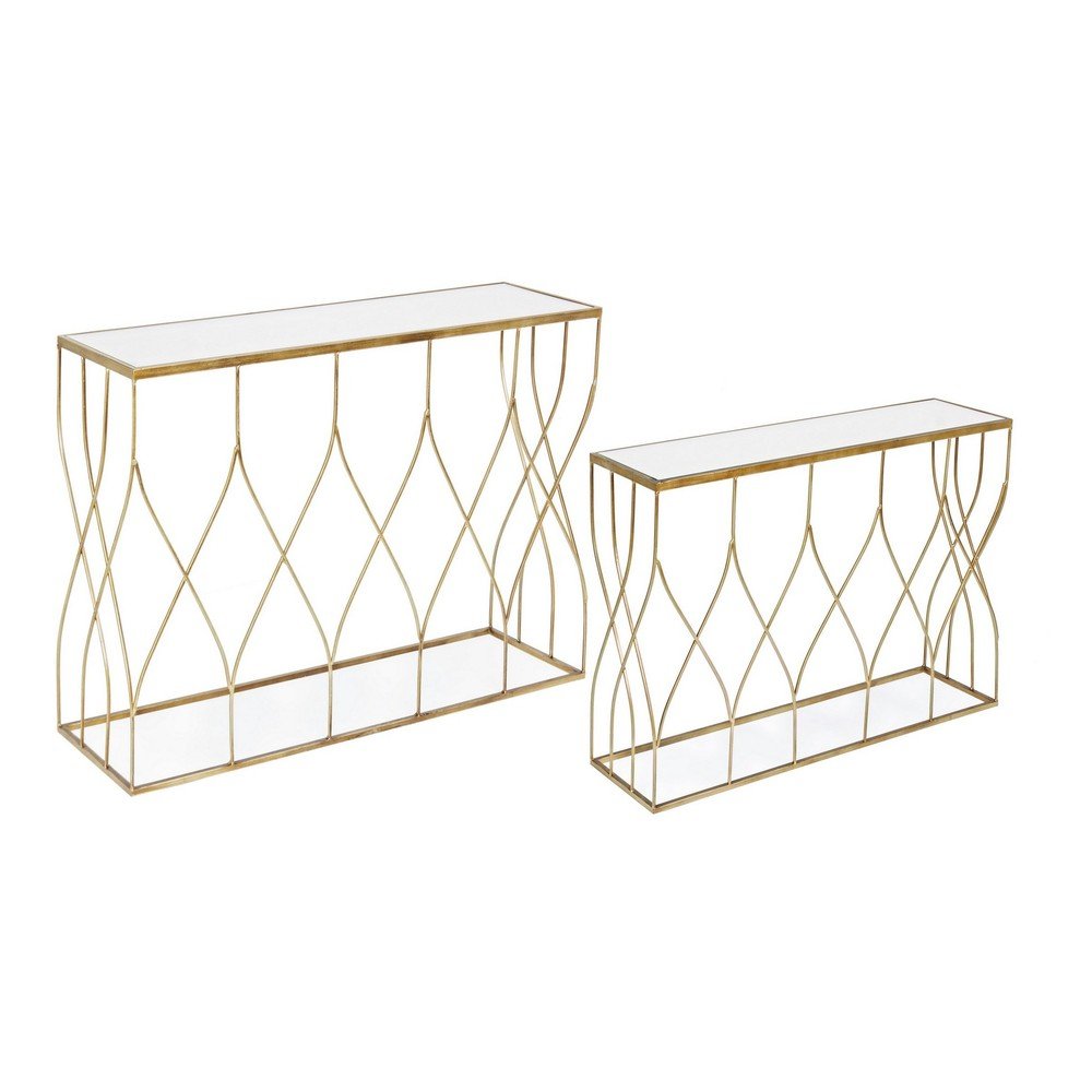 Aranyszínű konzolasztal szett üveg asztallappal  2 db-os 33x104 cm Elenor – Bizzotto