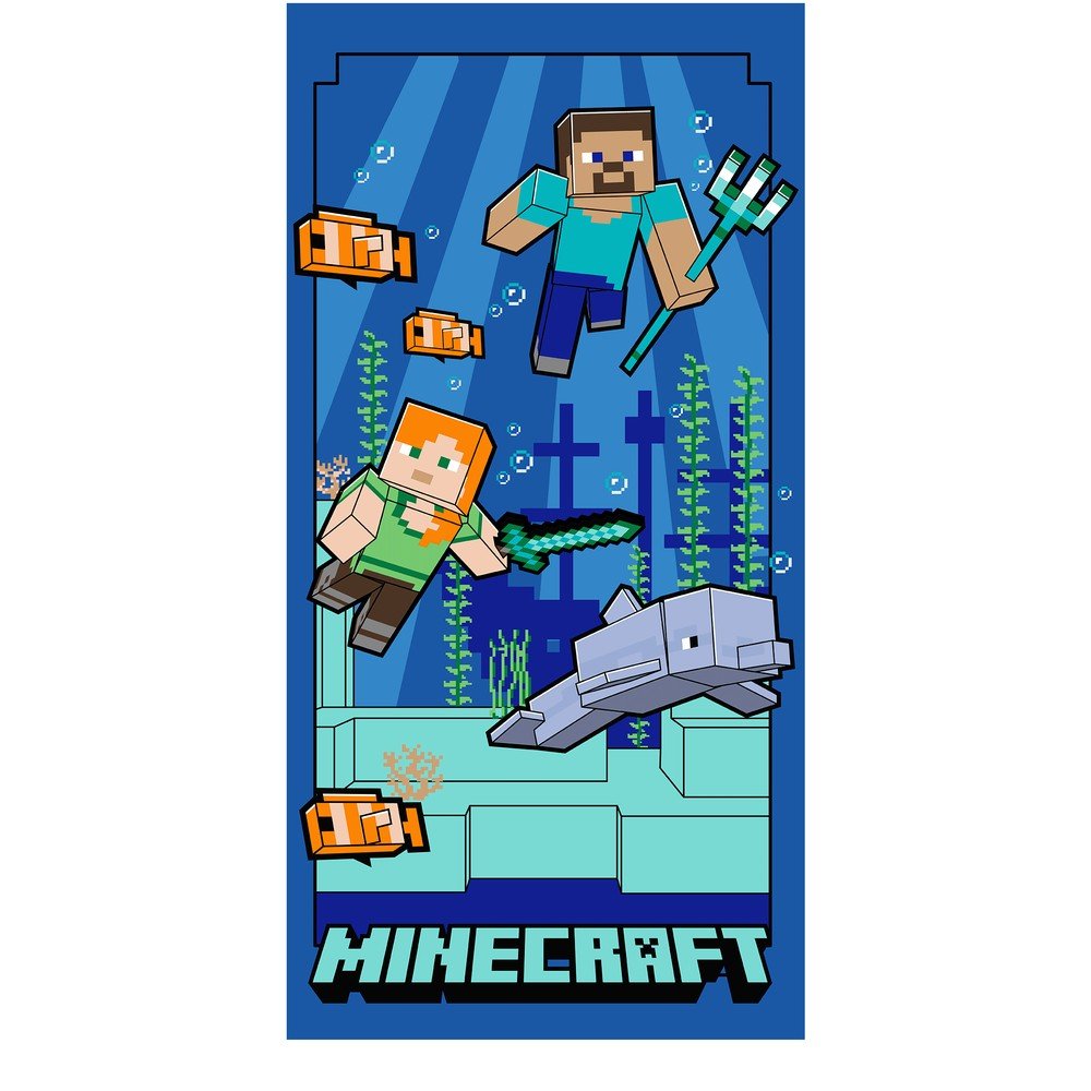 Kék mikroszálas gyerek fürdőlepedő 70x140 cm Minecraft "Underwater Fun" – Jerry Fabrics