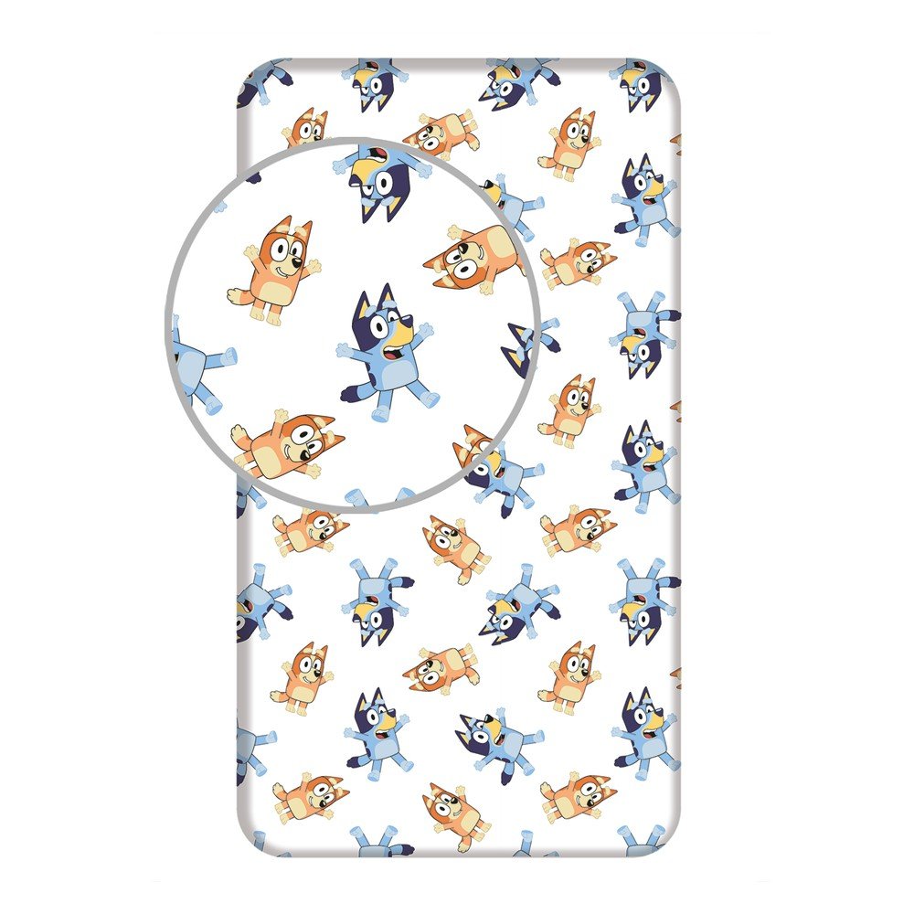 Fehér gumis egyszemélyes pamut gyerek lepedő 90x200 cm Bluey – Jerry Fabrics