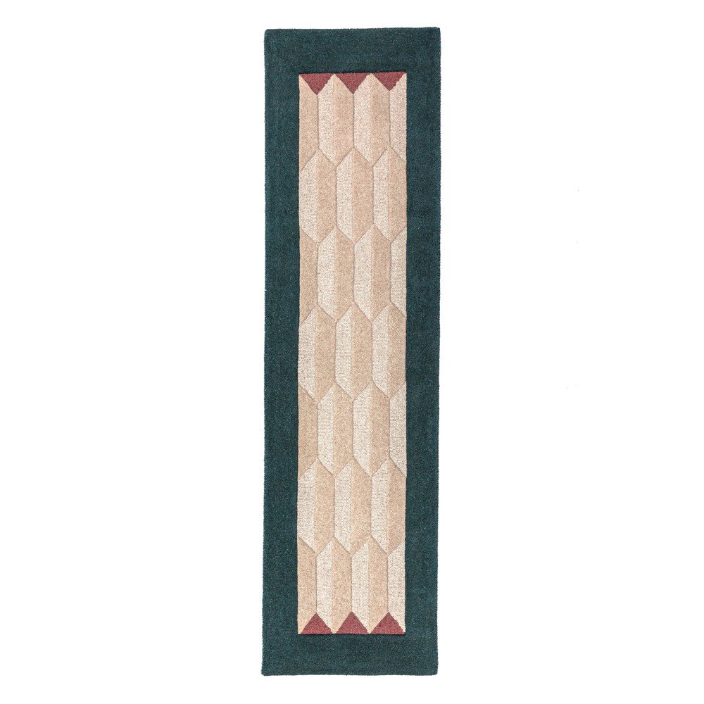 Natúr színű-kékeszöld kézi szövésű gyapjú futószőnyeg 60x230 cm Apex Border Wool – Flair Rugs