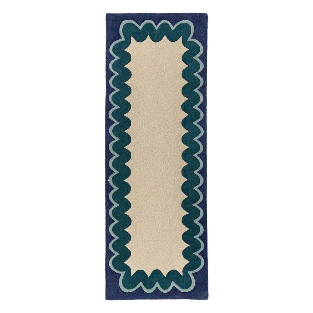 Natúr színű-kékeszöld kézi szövésű gyapjú futószőnyeg 80x230 cm Wiggle Wool – Flair Rugs